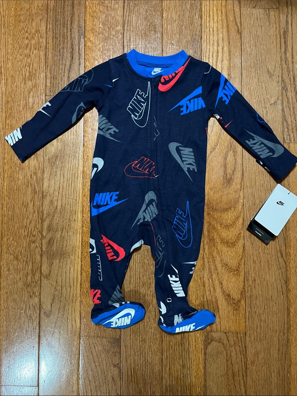 NWT Nike Navy Logo-Print Footed Baby Zipup Sz 6 months